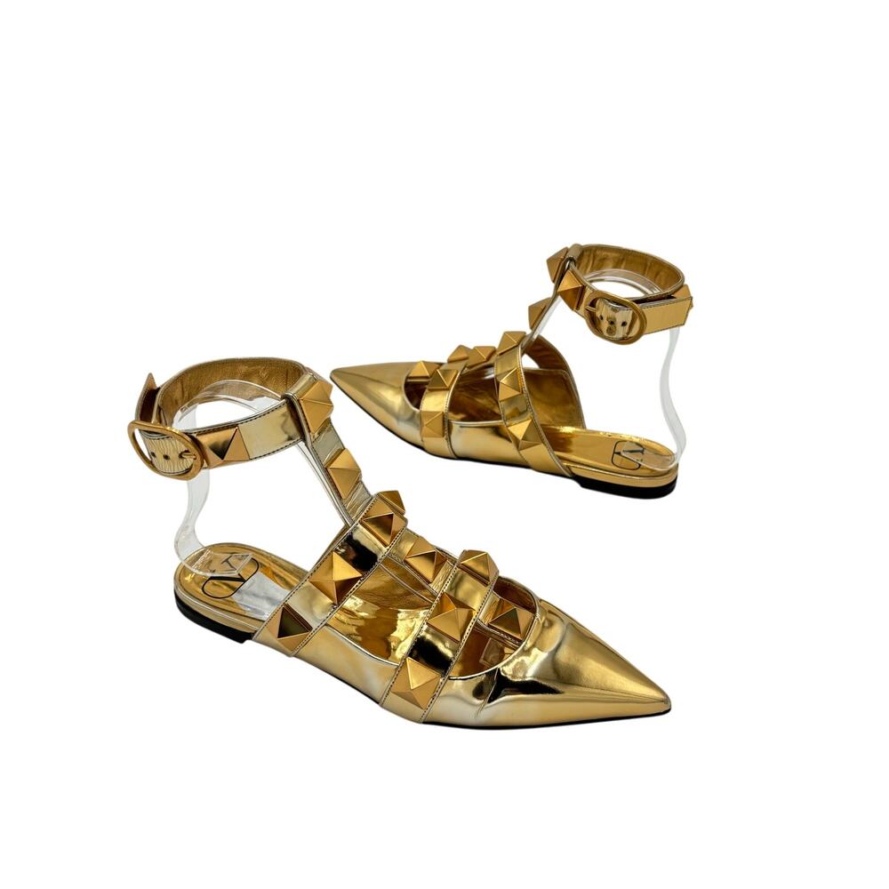 Valentino Garavani Roman Stud Pointed Toe Gold Leather Flat Mule Sandals Size 37